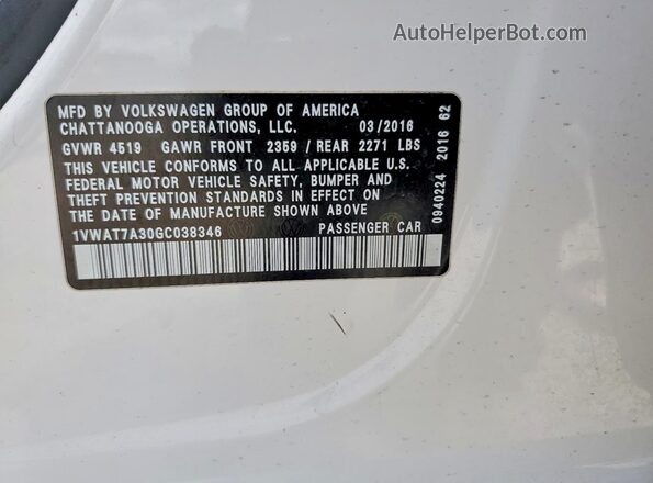 1VWAT7A30GC038346 2016 VOLKSWAGEN PASSAT Белый Вид подкапотного пространства