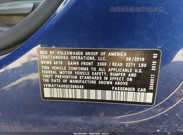 1VWAT7A30GC068348 2016 VOLKSWAGEN PASSAT Blue Շարժիչի բաժամունքի տեսք