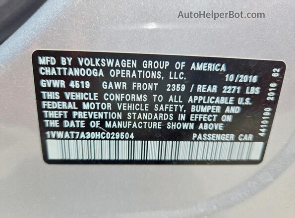 1VWAT7A30HC029504 2017 VOLKSWAGEN PASSAT Silver VIN կոդի պիտակի տեսք