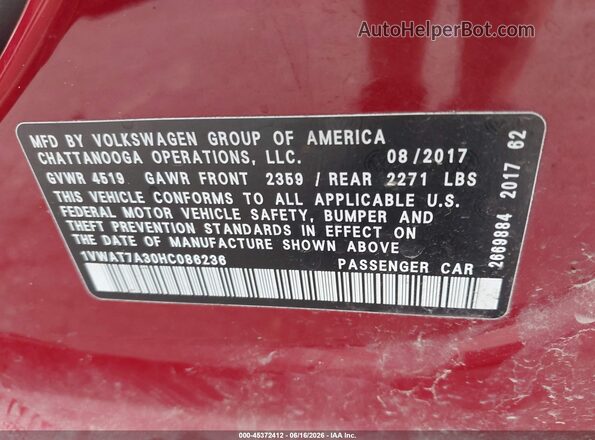 1VWAT7A30HC086236 2017 VOLKSWAGEN PASSAT Red 