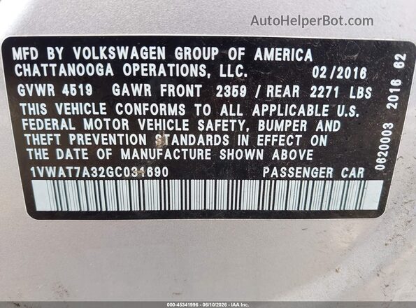 1VWAT7A32GC031690 2016 VOLKSWAGEN PASSAT Silver Շարժիչի բաժամունքի տեսք
