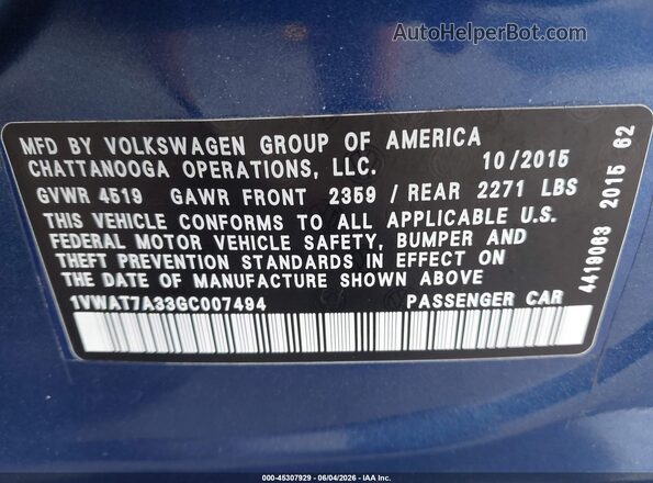 1VWAT7A33GC007494 2016 VOLKSWAGEN PASSAT Blue ძრავის განყოფილების ხედი