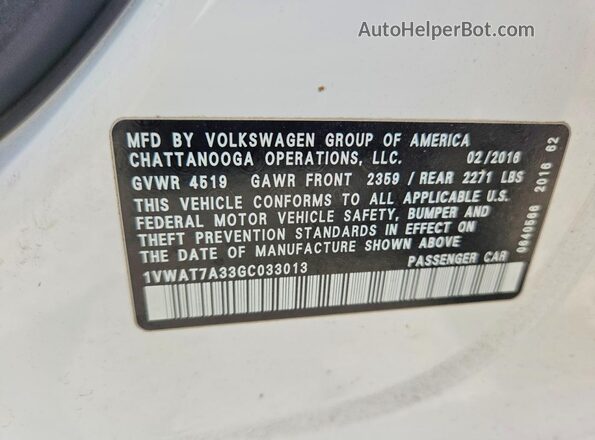 1VWAT7A33GC033013 2016 VOLKSWAGEN PASSAT White VIN կոդի պիտակի տեսք