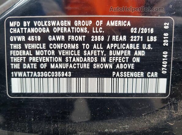 1VWAT7A33GC035943 2016 VOLKSWAGEN PASSAT Black 