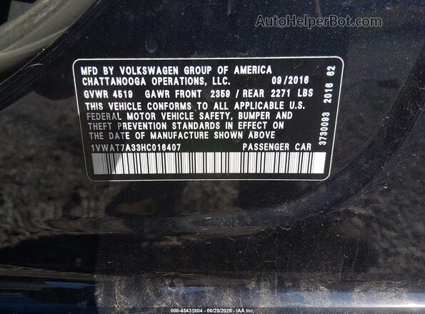 1VWAT7A33HC016407 2017 VOLKSWAGEN PASSAT Black Շարժիչի բաժամունքի տեսք