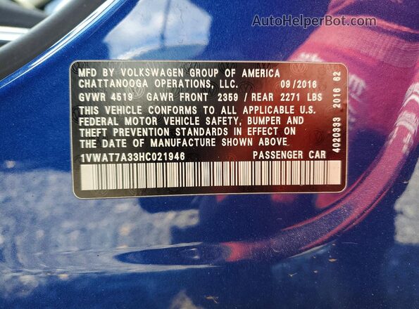 1VWAT7A33HC021946 2017 VOLKSWAGEN PASSAT Blue VIN կոդի պիտակի տեսք
