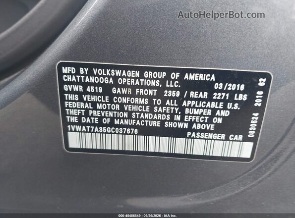 1VWAT7A35GC037676 2016 VOLKSWAGEN PASSAT Gray Вид підкапотного простору