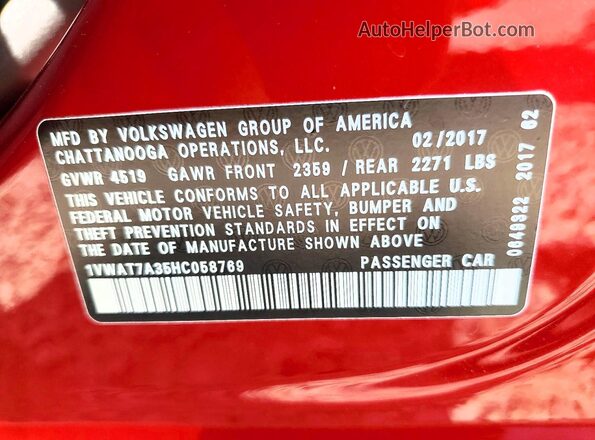 1VWAT7A35HC058769 2017 VOLKSWAGEN PASSAT Red 