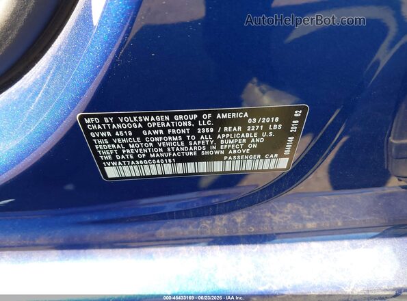 1VWAT7A36GC040151 2016 VOLKSWAGEN PASSAT Синий Вид подкапотного пространства