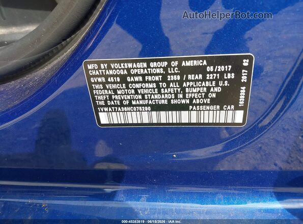 1VWAT7A36HC075290 2017 VOLKSWAGEN PASSAT Blue Շարժիչի բաժամունքի տեսք