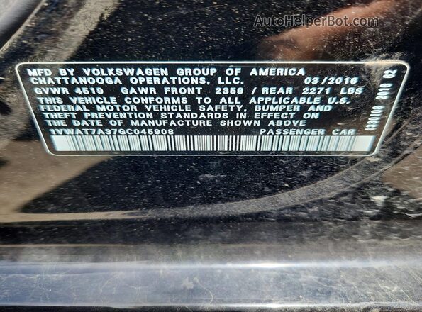 1VWAT7A37GC045908 2016 VOLKSWAGEN PASSAT Black 