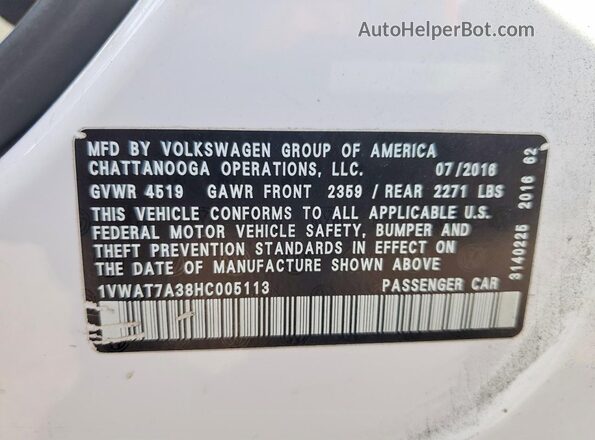 1VWAT7A38HC005113 2017 VOLKSWAGEN PASSAT Белый 