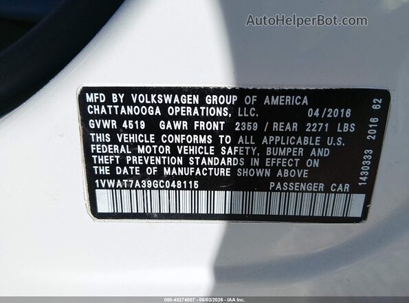 1VWAT7A39GC048115 2016 VOLKSWAGEN PASSAT White Vista del compartimento del motor