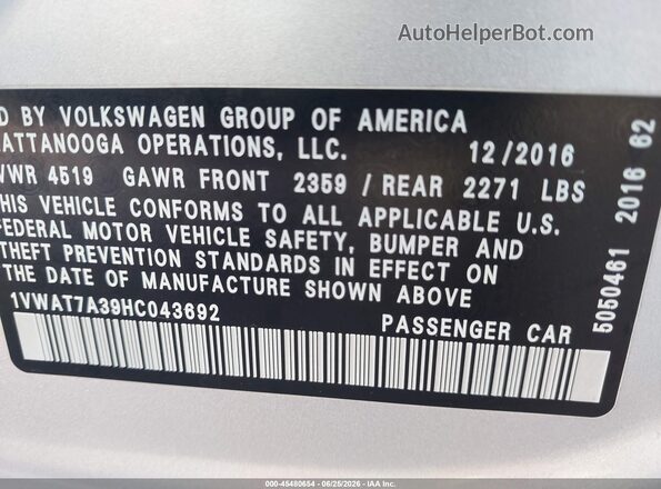 1VWAT7A39HC043692 2017 VOLKSWAGEN PASSAT Silver Շարժիչի բաժամունքի տեսք
