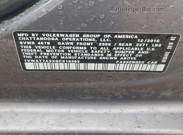 1VWAT7A3XGC019352 2016 VOLKSWAGEN PASSAT Серый 