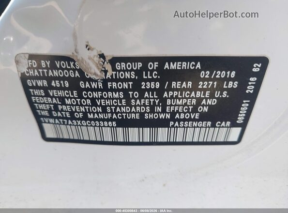 1VWAT7A3XGC033865 2016 VOLKSWAGEN PASSAT White Vista del compartimento del motor