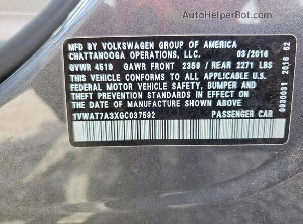 1VWAT7A3XGC037592 2016 VOLKSWAGEN PASSAT Gray Вид підкапотного простору