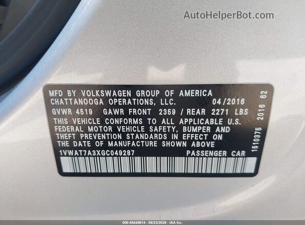 1VWAT7A3XGC049287 2016 VOLKSWAGEN PASSAT Silver Շարժիչի բաժամունքի տեսք