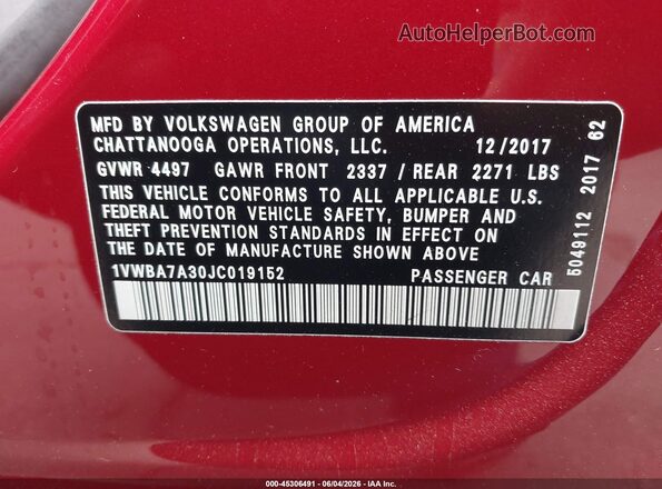 1VWBA7A30JC019152 2018 VOLKSWAGEN PASSAT Red Widok komory silnika