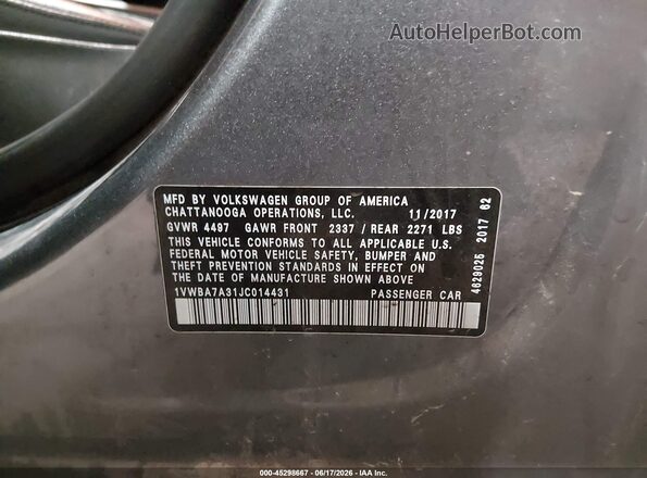 1VWBA7A31JC014431 2018 VOLKSWAGEN PASSAT Gray Вид підкапотного простору