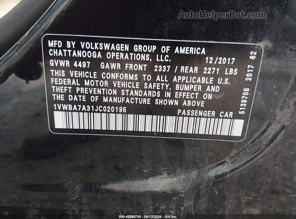 1VWBA7A31JC020195 2018 VOLKSWAGEN PASSAT Black ძრავის განყოფილების ხედი