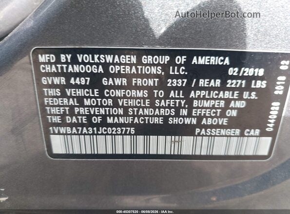 1VWBA7A31JC023775 2018 VOLKSWAGEN PASSAT Gray Շարժիչի բաժամունքի տեսք