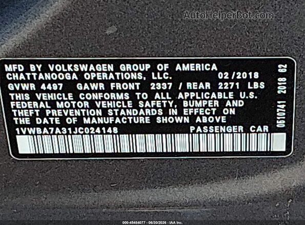 1VWBA7A31JC024148 2018 VOLKSWAGEN PASSAT Серый Вид подкапотного пространства