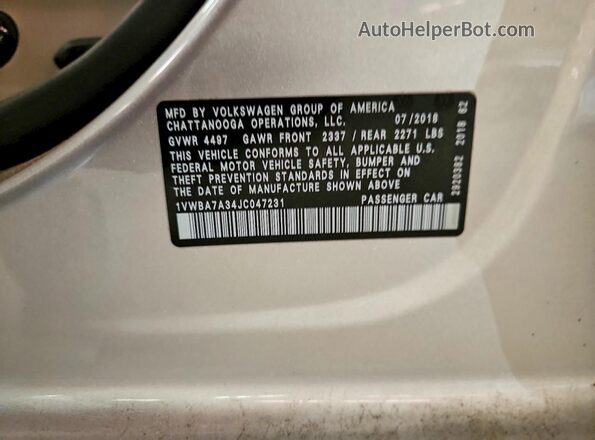 1VWBA7A34JC047231 2018 VOLKSWAGEN PASSAT Silver VIN კოდის სტიკერის ხედი