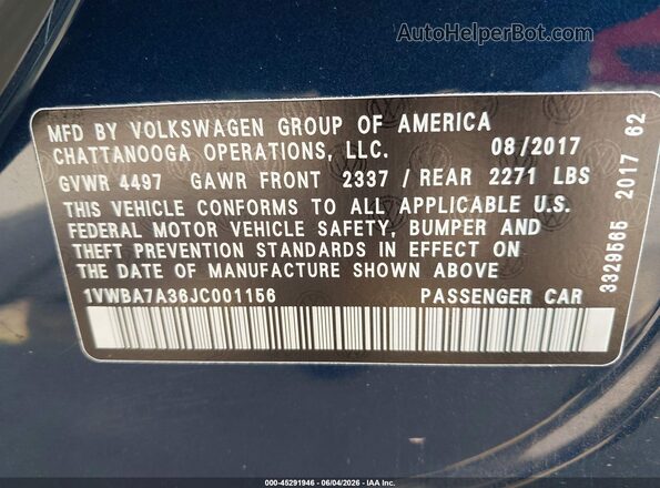 1VWBA7A36JC001156 2018 VOLKSWAGEN PASSAT Синий Вид подкапотного пространства