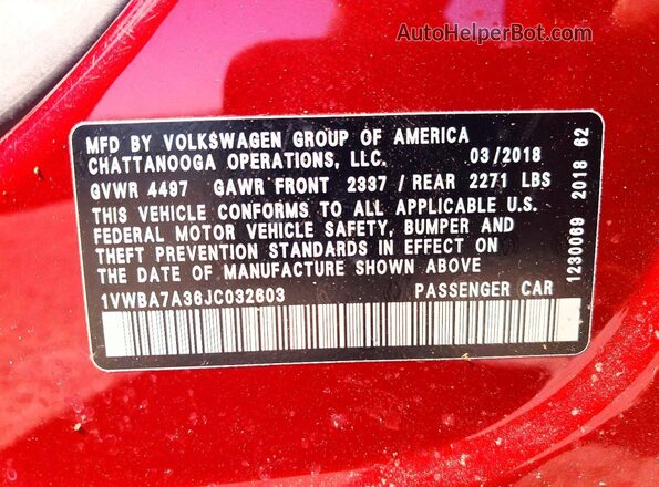 1VWBA7A36JC032603 2018 VOLKSWAGEN PASSAT Red Vista del compartimento del motor