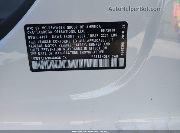 1VWBA7A36JC038174 2018 VOLKSWAGEN PASSAT White Շարժիչի բաժամունքի տեսք