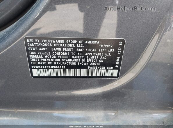 1VWBA7A39JC008893 2018 VOLKSWAGEN PASSAT Серый Вид подкапотного пространства