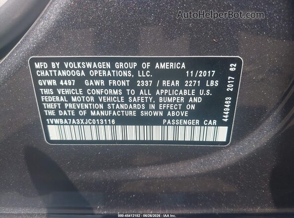 1VWBA7A3XJC013116 2018 VOLKSWAGEN PASSAT Gray ძრავის განყოფილების ხედი