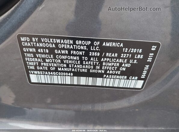 1VWBS7A34GC020049 2016 VOLKSWAGEN PASSAT Серый Вид подкапотного пространства