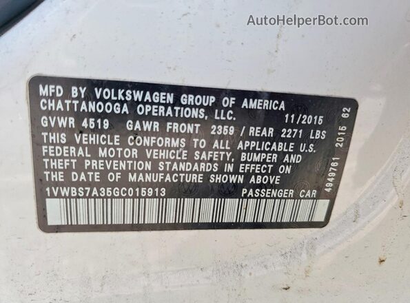 1VWBS7A35GC015913 2016 VOLKSWAGEN PASSAT White 