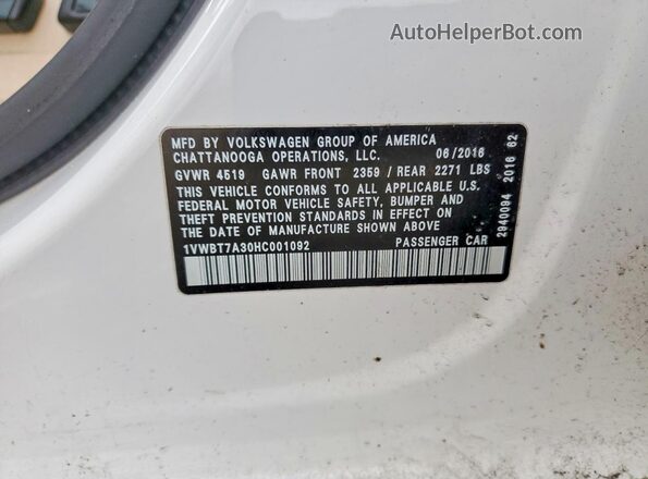 1VWBT7A30HC001092 2017 VOLKSWAGEN PASSAT White Շարժիչի բաժամունքի տեսք