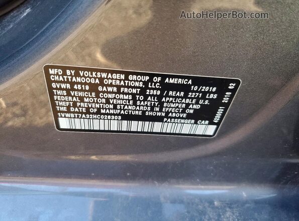 1VWBT7A32HC026303 2017 VOLKSWAGEN PASSAT Gray Vista del compartimento del motor
