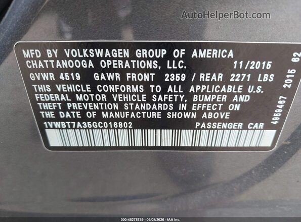 1VWBT7A35GC016802 2016 VOLKSWAGEN PASSAT Gray Engine compartment view