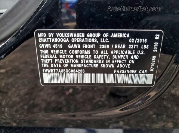 1VWBT7A35GC034233 2016 VOLKSWAGEN PASSAT Black Вид підкапотного простору