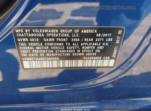 1VWBT7A39HC080083 2017 VOLKSWAGEN PASSAT Blue Вид підкапотного простору