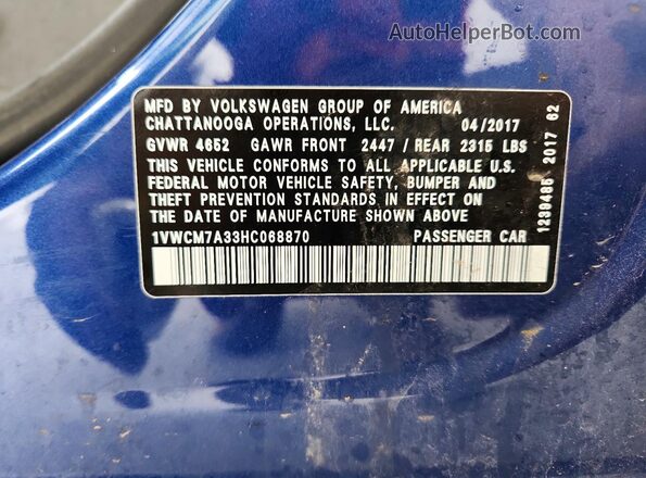 1VWCM7A33HC068870 2017 VOLKSWAGEN PASSAT Blue 