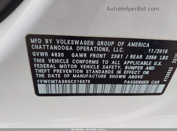 1VWCM7A36GC015675 2016 VOLKSWAGEN PASSAT White Շարժիչի բաժամունքի տեսք