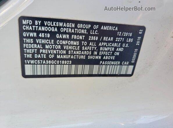 1VWCS7A36GC018923 2016 VOLKSWAGEN PASSAT White Vista del compartimento del motor