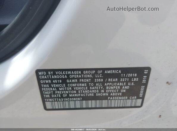 1VWCT7A31HC038267 2017 VOLKSWAGEN PASSAT White Вид підкапотного простору