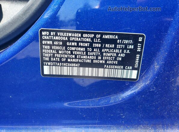 1VWDT7A31HC049547 2017 VOLKSWAGEN PASSAT Blue 