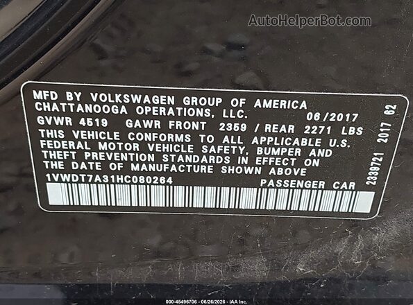 1VWDT7A31HC080264 2017 VOLKSWAGEN PASSAT Black Հետևի տեսք