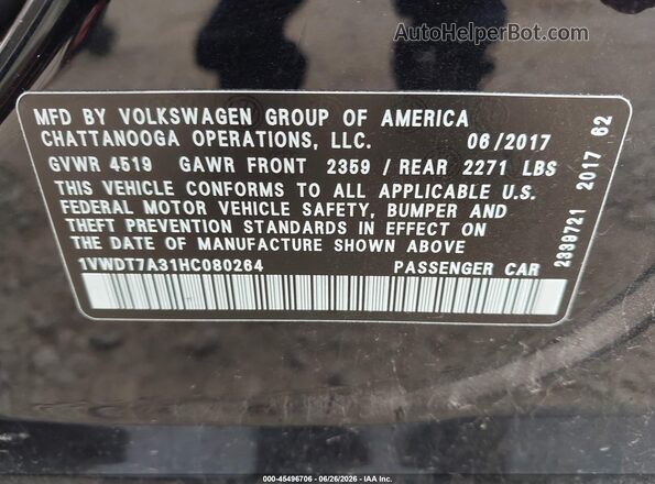 1VWDT7A31HC080264 2017 VOLKSWAGEN PASSAT Black Շարժիչի բաժամունքի տեսք