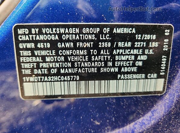 1VWDT7A32HC045779 2017 VOLKSWAGEN PASSAT Blue 