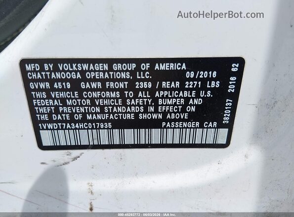 1VWDT7A34HC017935 2017 VOLKSWAGEN PASSAT White Engine compartment view
