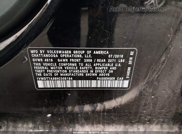 1VWDT7A35HC005194 2017 VOLKSWAGEN PASSAT Black Engine compartment view